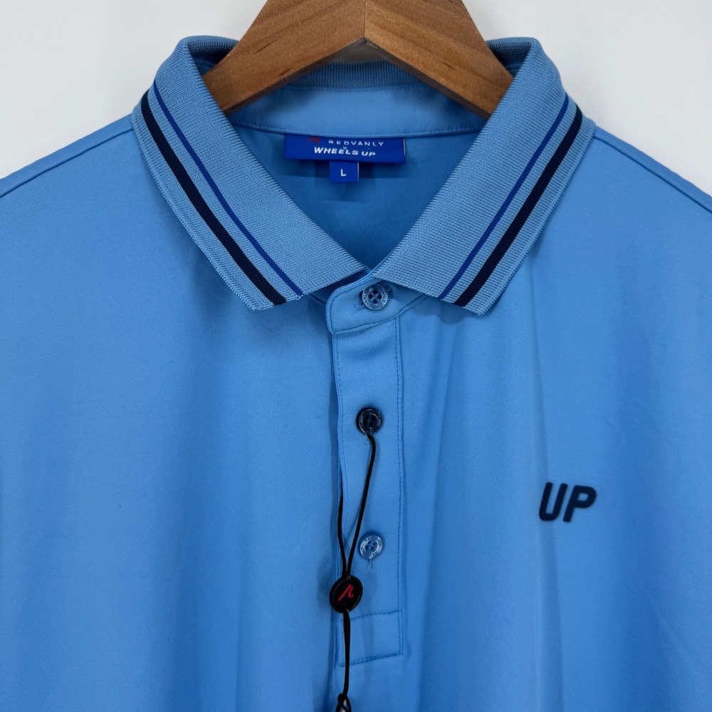 REDVANLY Wheels Up Mens Large Blue Golf Polo Shirt Performance Stretch NWT